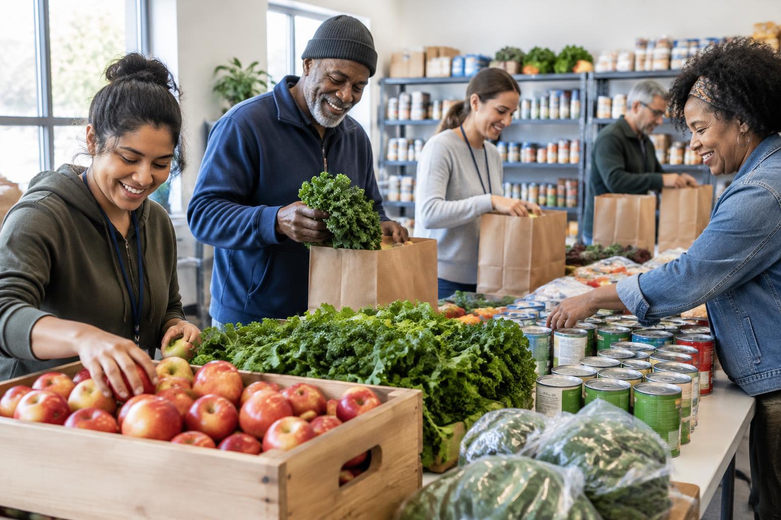 Volunteers preparing fresh groceries at a community food pantry.