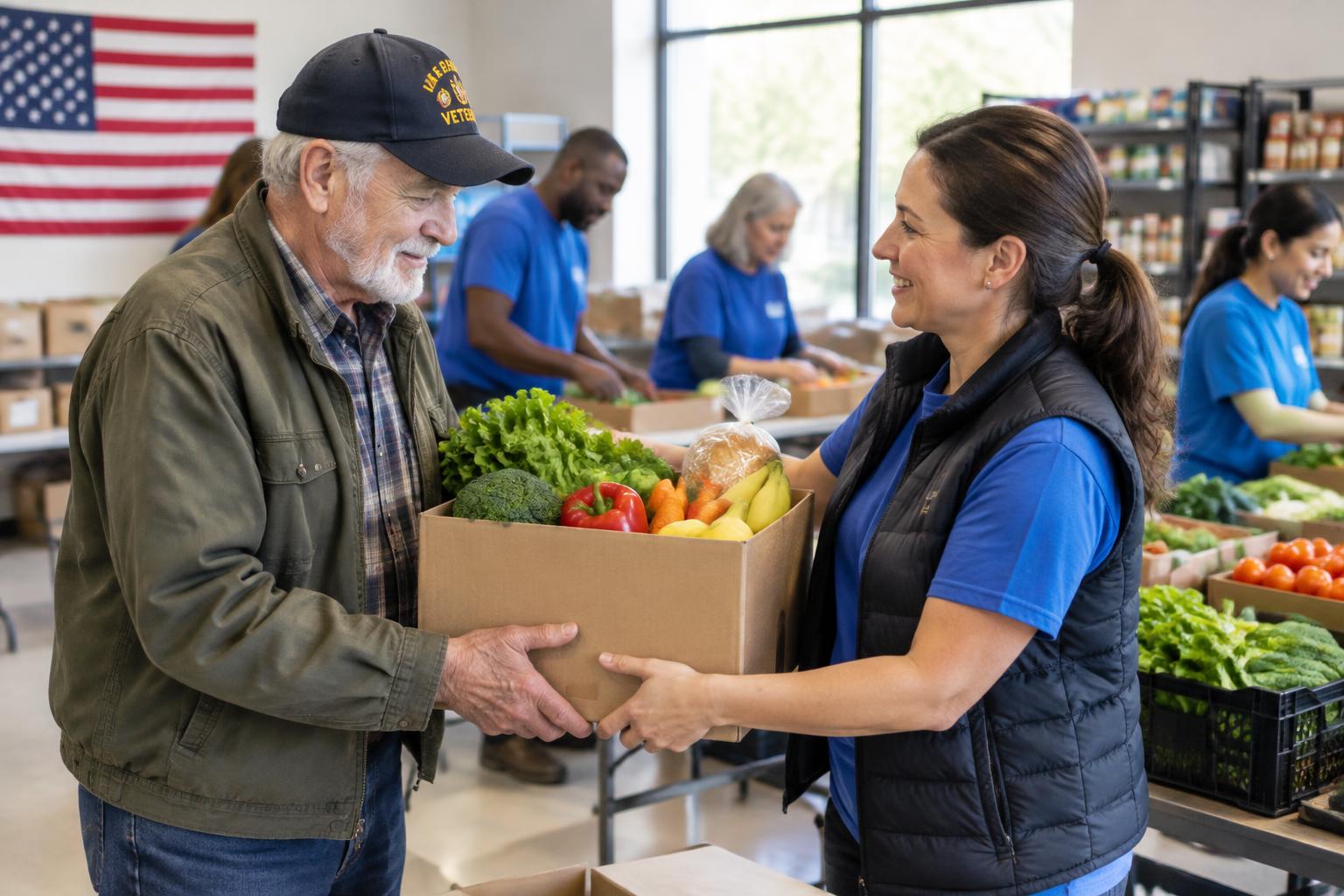 A volunteer giving a veteran fresh groceries at a community food pantry.