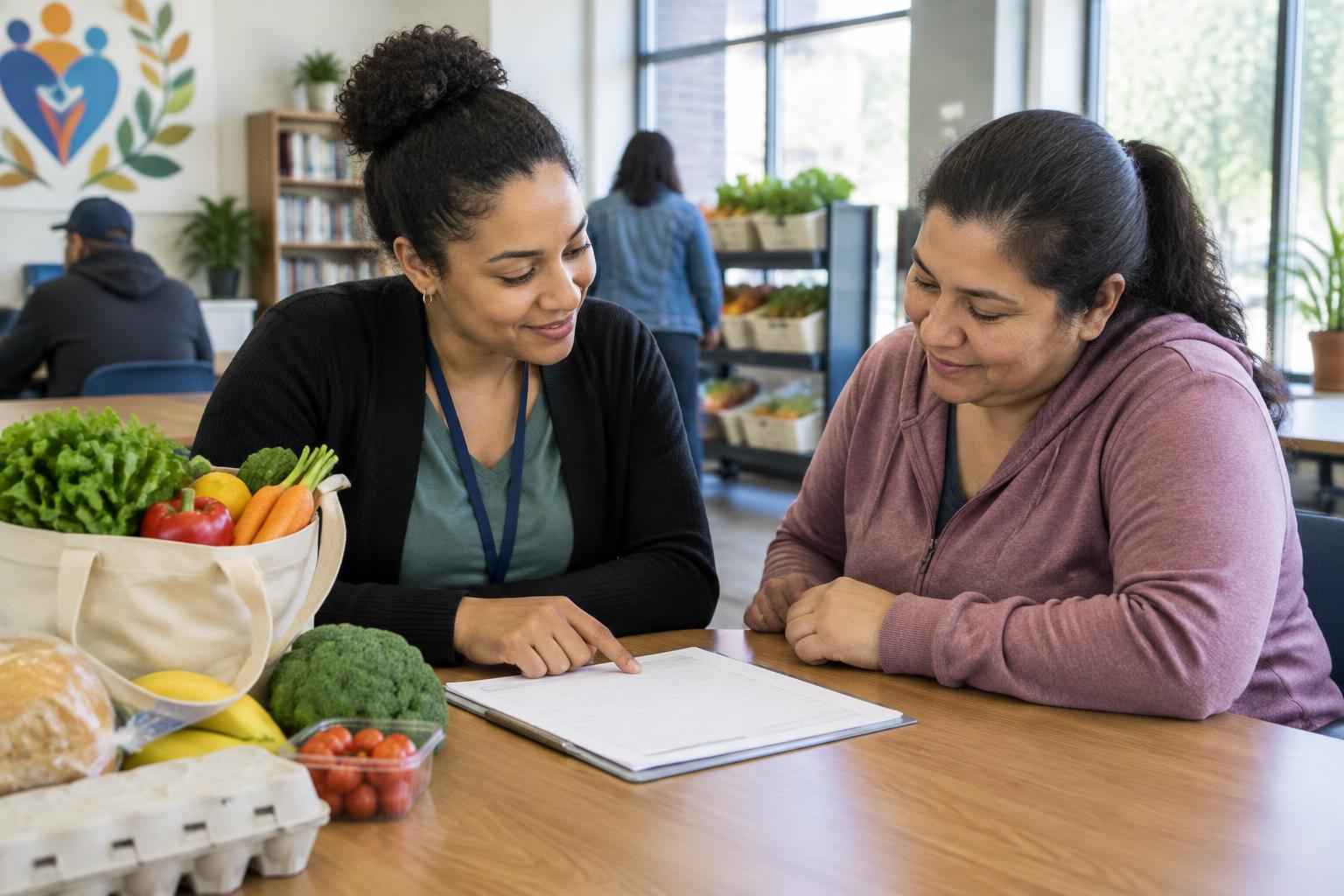 A community support worker helping a parent review a food assistance application.
