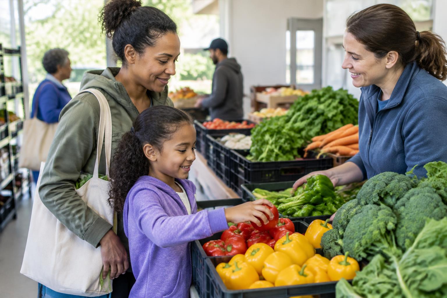 A mother and daughter choosing fresh vegetables with a volunteer at a community food pantry.