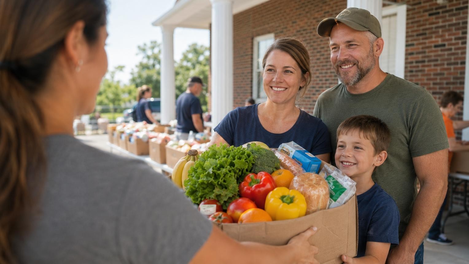 A family receiving a box of fresh food from a volunteer